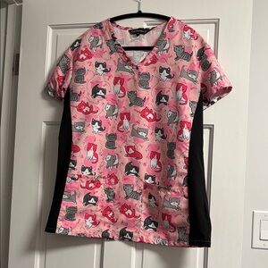 Pink Cat Print Scrub Top